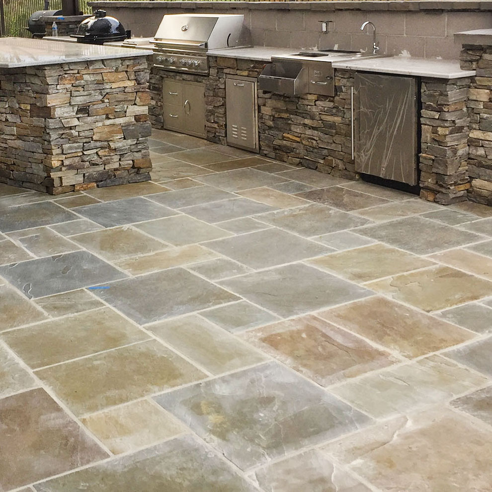 Newly laid paver tiles on backyard patio in arizona