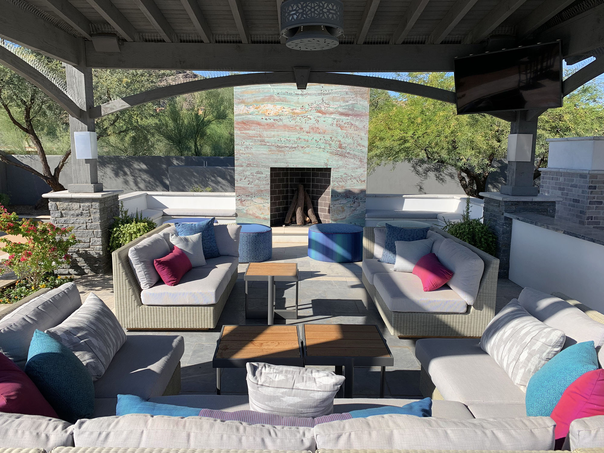 Backyard under Pergola and fireplace